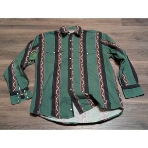 Rustler by Wrangler Large Green Southwestern Aztec Pearl Snap Western Shirt READ